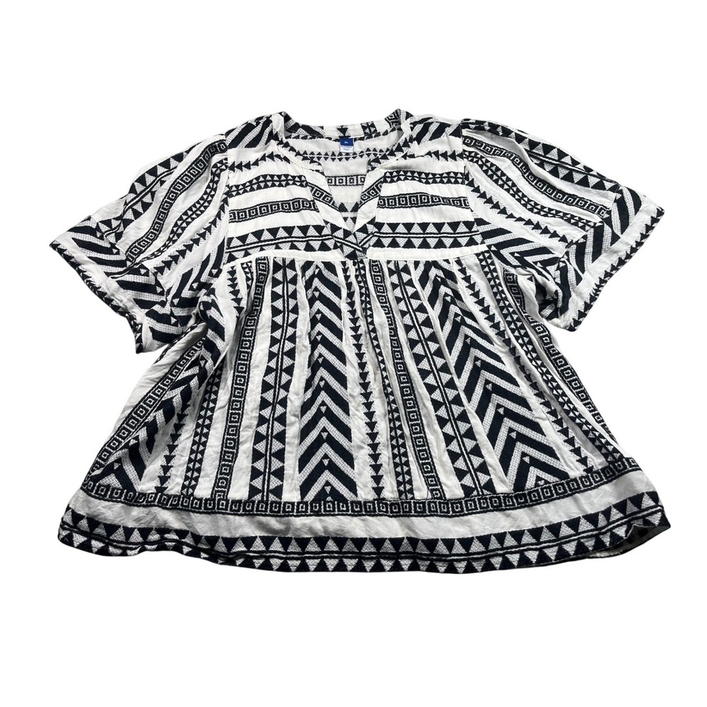 Old Navy Womens XL Black White Geometric Boho Top Cotton Rayon Short Sleeve